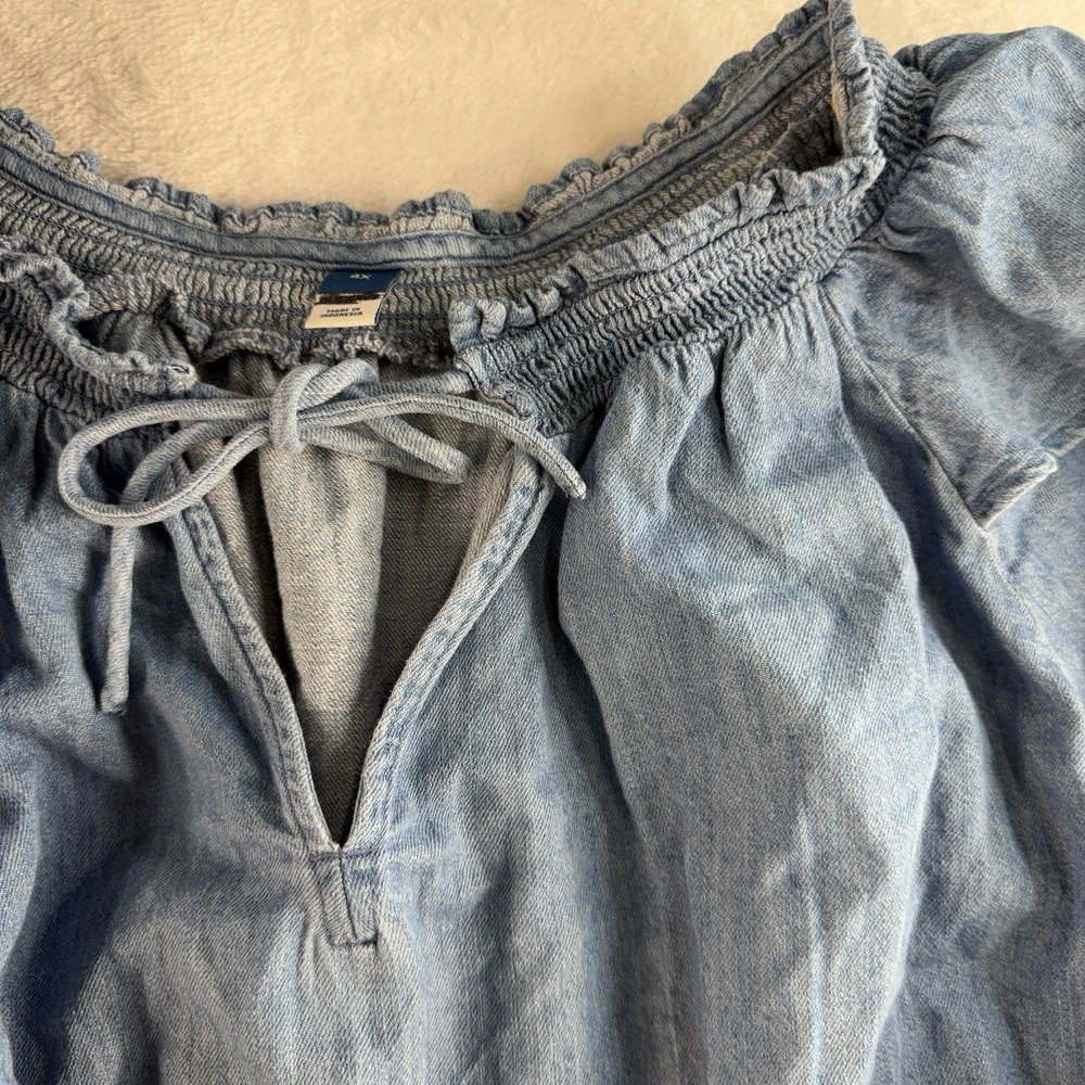 Old Navy Plus 4X Poet Blouse‎ Puff Sleeve Non Stretch Jean Ruffle Trimmed Boho - Picture 5 of 13